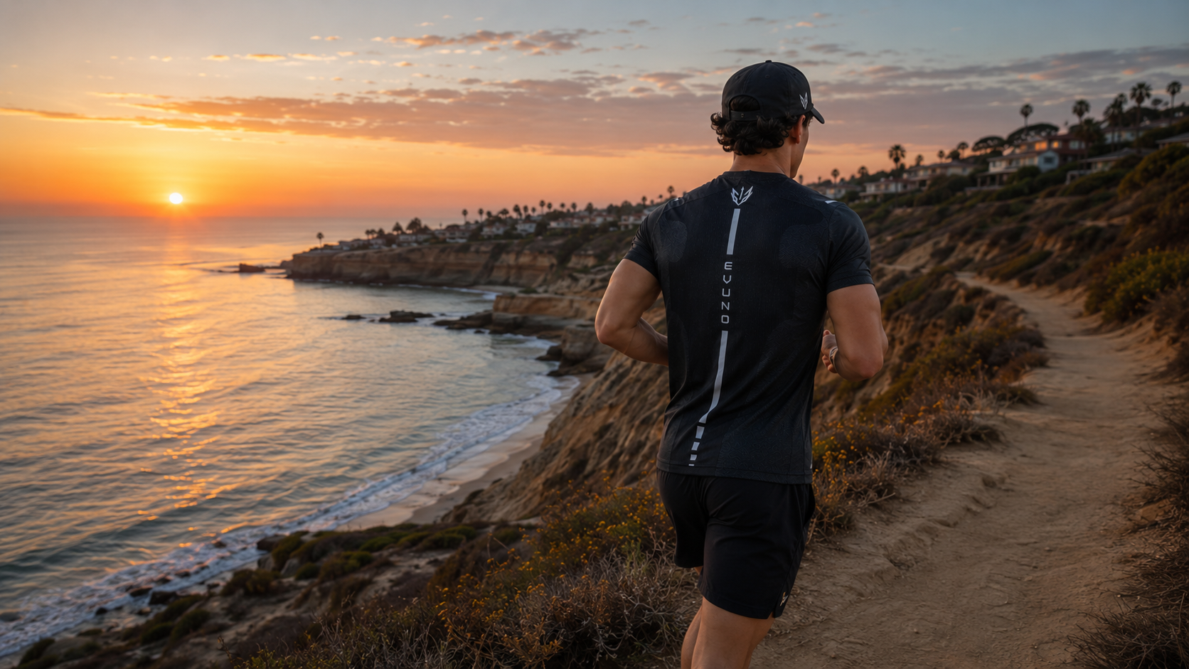 EVUNO APEX 01 performance tee on an athlete at Sunset Cliffs, San Diego